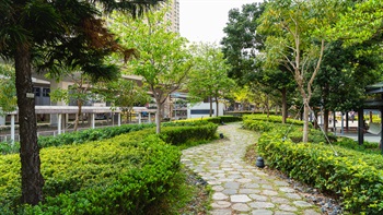 一条绿树成荫的小石径沿着公园边缘伸延，既是标志园区范围的绿色走廊，亦是能恢复活力的宁静步行环境。